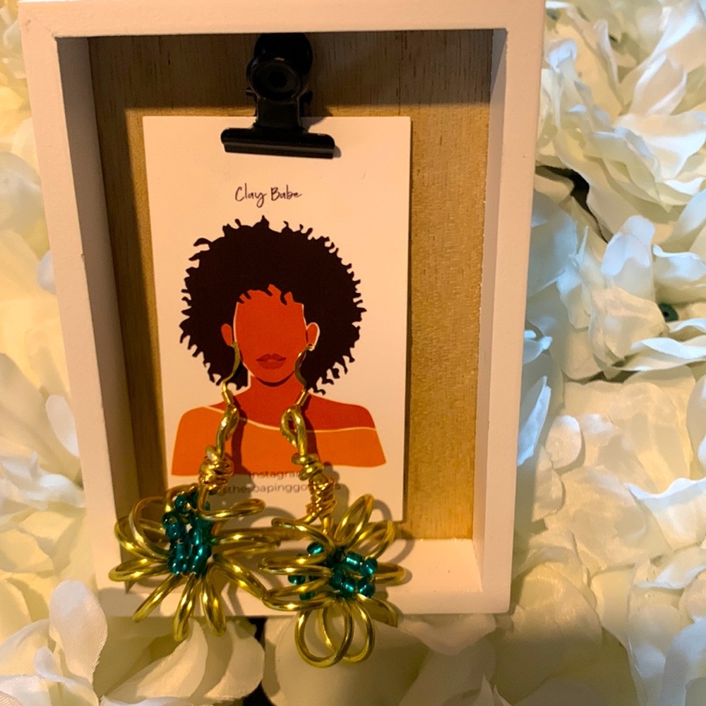 Gold wire beaded flower earrings. Handcrafted from our boutique.